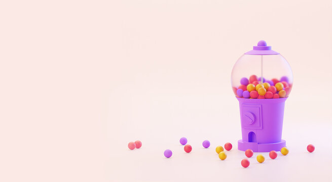 Gumball machine among purple, yellow balls background.-3d rendering. 3D rendering with copy space