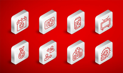 Set line Soccer football ball, Beer can, Football match on TV, Sport mechanical scoreboard, soccer calendar, Substitution player and medal icon. Vector