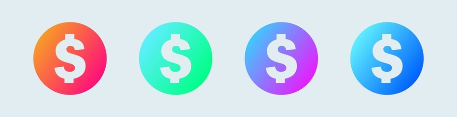 Dollar bill icon set in circle gradient colors. American currency vector icon.