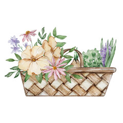 Watercolor wicker basket with flowers