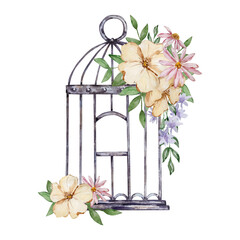 Watercolor iron birdcage with flowers