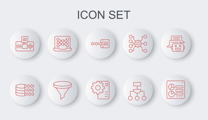Set line Computer api interface, Binary code, Algorithm, Artificial intelligence AI, Neural network, Funnel filter and icon. Vector
