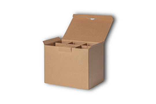 Brown kraft open shipping box with compartments for breakable dishes or bottles. Mockup isolated on white background. 3d rendering.