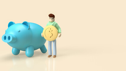 The man hold gold coin and piggy bank for saving or money concept 3d rendering