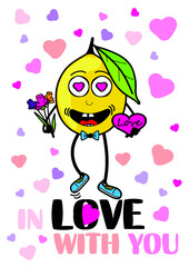 Lemon and hearts, cartoon lemon, in love, comic card