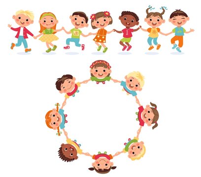 Kids roundelay top view. Boys and girls holding hands. Babies dancing in circle and chain. Children have fun. Active games. Multicultural communication. Friends cooperation. Vector concept