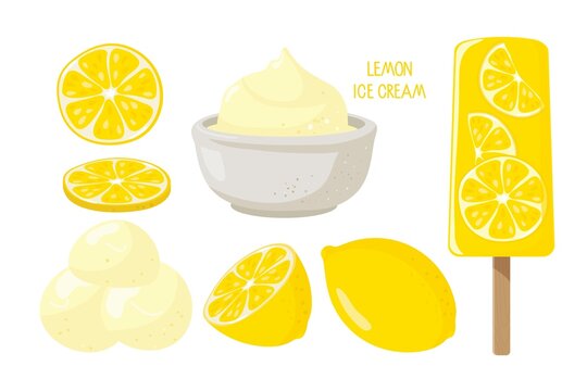 Lemon desserts. Lemon fruit, Ice Cream on stick, ice cream balls, lemon fruit, Lemon dessert. Sweet delicious frozen summer dessert. Flat vector Illustration for design, poster, banner, menu, recipe