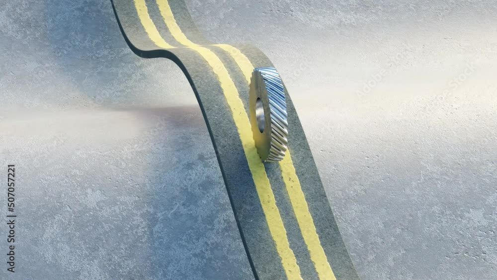 Poster satisfying looped animation of gear rolling on asphalt road. realistic animation render