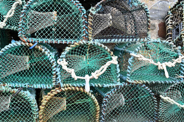 Fish trap for lobster and crab. Abstract pattern, Devon, Great Britain. Blue Lobster pots.