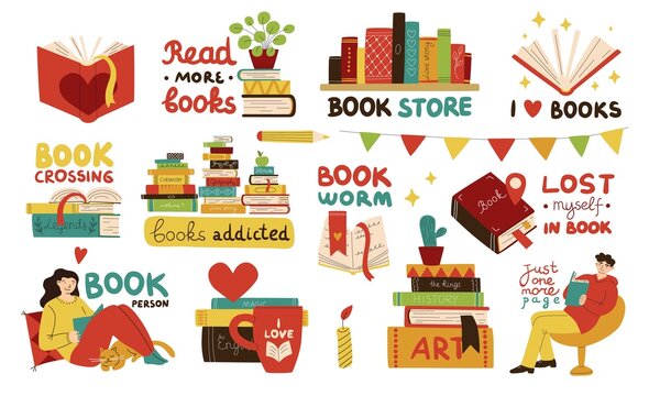 Reading emblems. Literature lovers stickers with cute texts. Bookshelves with textbooks stacks and rows. Learning people. Bookworms and readers leisure. Vector library elements set