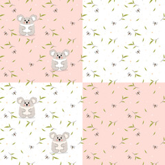 Seamless pattern with cute koalas on pink background, set with wild animals, vector panda and eucalyptus, pattern for girl, koala in flat style with contours