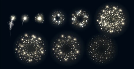 Realistic firework animation. 3D frame by frame holiday explosion. Sequence gradual stages. Salute disclosure. Glowing particles. Firecracker flashes. Vector pyrotechnic burst steps set