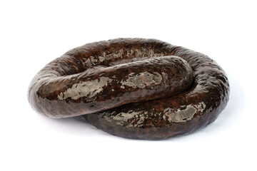 black pudding on white background. homemade sausage