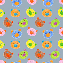 Seamless pattern of multicolored faces of Bears drawn with wax crayons on a tourmaline background. For fabric, sketchbook, wallpaper, wrapping paper.