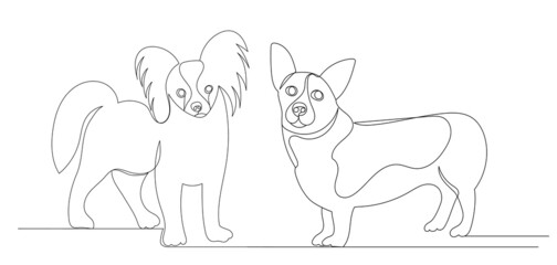small dogs one continuous line drawing, sketch, isolated, vector