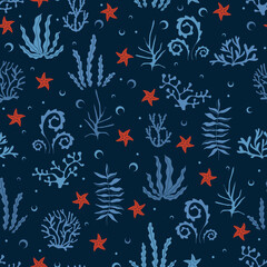 Blue funny print with fish, stars and seaweed. Print for fabric and wrapping paper.