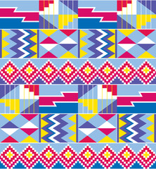 African tribal design Kente cloth nwentoma textile style vector seamless design in blue, pink and purple, geometric pattern inspired by Ghana traditional clothing
