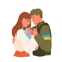 Ukrainian family, father, mother and child standing together vector illustration. Cartoon man soldier in camouflage uniform and bulletproof vest hugging woman with newborn baby isolated on white