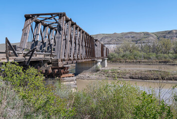Historic Howe truss train bridge crossing the Red Deer River near Drumheller