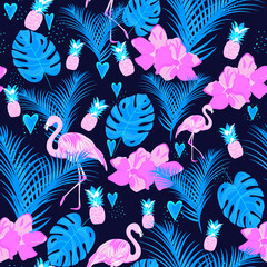 Tropical seamless pattern with flamingo, pineapple, palm and monstera. For textiles, prints, bedding, packaging design and wallpaper.