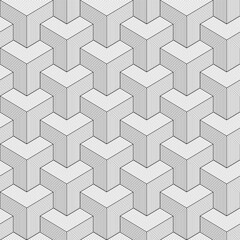 Thin Lines Cubes Seamless Isometric Pattern. Vector Tileable Background in Black and White