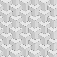 Thin Lines Cubes Seamless Isometric Pattern. Vector Tileable Background in Black and White