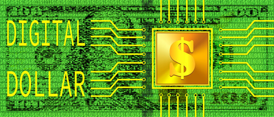 Vector stylistic microchip on pixelated digital green 100 dollars background. American currency golden symbol