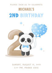 Birthday party invitation with cute little panda boy with figure two, blue balloon and bow tie. Vector illustration