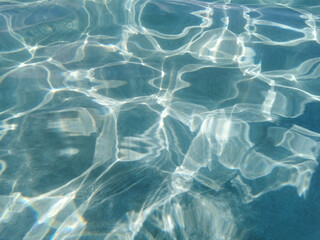Crystal clear blue water of the Mediterranean Sea on the beach of Fig Tree Bay, white sand is visible at the bottom. Water background.