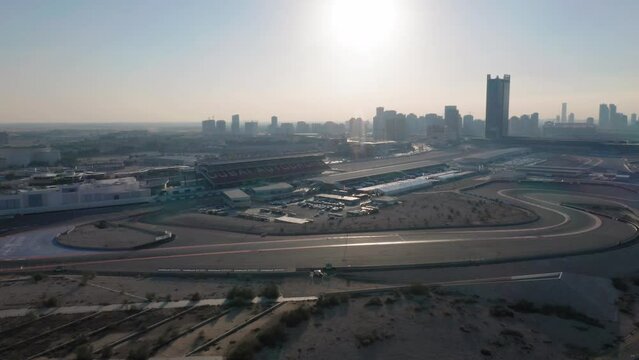 Aerial View Overview Dubai Autodrome Race Track, Grand Stand, Paddock, Skyline