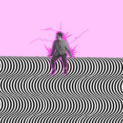 Contemporary art collage. Man sitting on black and white optical illusion design, pattern over pink background. Optical illusion concept