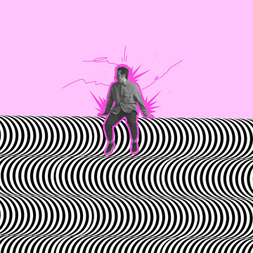 Fototapeta Contemporary art collage. Man sitting on black and white optical illusion design, pattern over pink background. Optical illusion concept