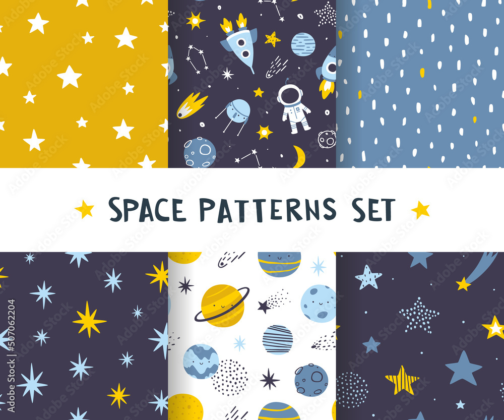 Canvas Prints cute space patterns set. collection of scandinavian cosmic prints for baby apparel and fabric.