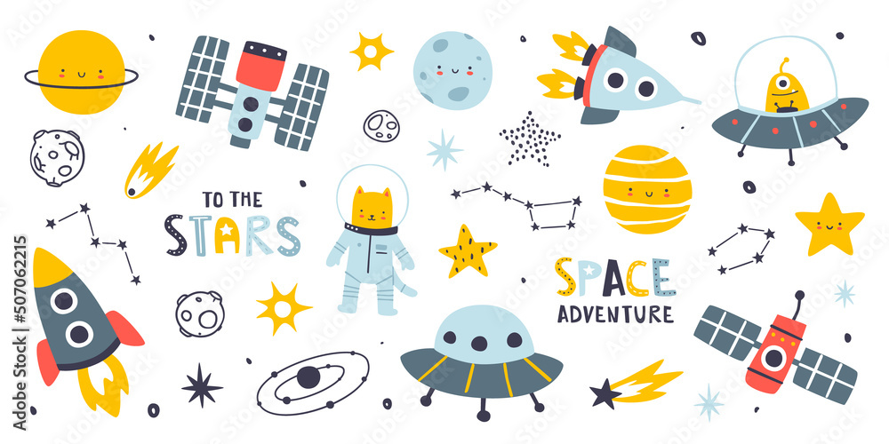 Canvas Prints cute abstract space set. cosmic scandinavian vector collection. doodle space stickers bundle.