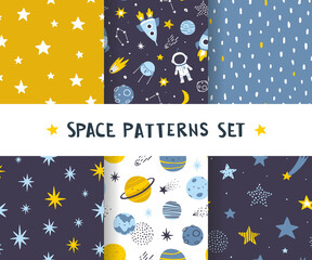 Cute space patterns set. Collection of scandinavian cosmic prints for baby apparel and fabric.