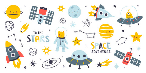 Cute abstract space set. Cosmic scandinavian vector collection. Doodle space stickers bundle. - obrazy, fototapety, plakaty