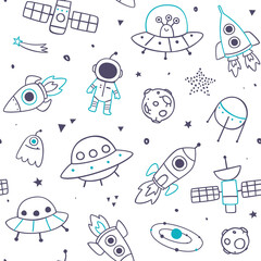 Outline doodle space pattern. Cosmic seamless print for kids textile and apparel.