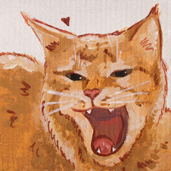 Red cat illustration. Traditional art, gouache and acrylic painting, Cute funny cat for poster, background