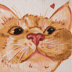 Red cat illustration. Traditional art, gouache and acrylic painting, Cute funny cat for poster, background