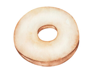Watercolor illustration of hand painted brown donut with white icing. Sweet food. Dessert doughnut for cafes, restaurants. Isolated on white clip art for packaging, textile print, menu, advertisements