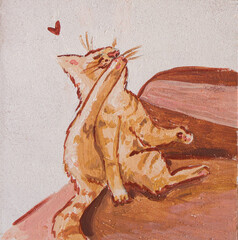 Red cat licking paw illustration. Traditional art, gouache and acrylic painting, Cute funny cat for poster, background