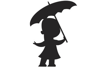 Black silhouette of a small standing with an umbrella in rain, rainfall, getting wet in the storm outside