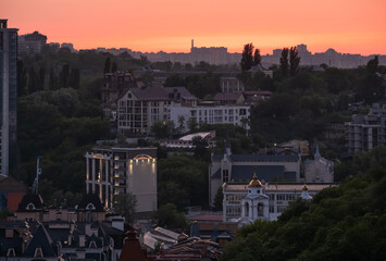 Summer evening after sunset picturesque Kyiv city view, Ukraine.