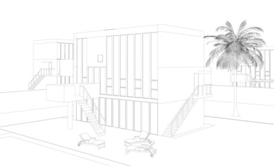 Contour of a cottage with a swimming pool and a palm tree from black lines isolated on a white background. Vector illustration.