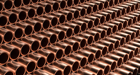 Copper pipes isolated on dark background. Stack of copper pipes. 3D illustration.