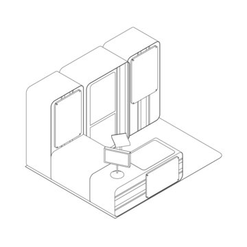 Outline of the reception desk from black lines isolated on a white background. Isometric view. Vector illustration.
