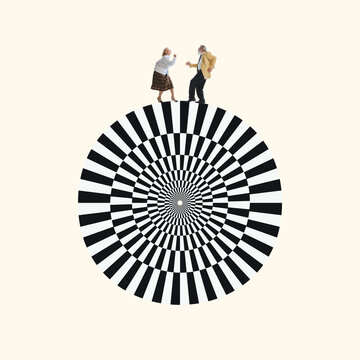 Fototapeta Contemporary art collage. Happy elderly couple of dancers dancing on huge circle with optical illusion pattern, design. Concept of creativity, love, imagination, relationship