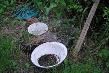 abandoned garden in summer, abandoned utensils, old items, forgotten, nature - obrazy, fototapety, plakaty