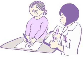 認知症　臨床心理士の心理検査・MMSEを受ける高齢女性のイラスト