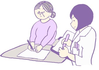 認知症　臨床心理士の心理検査を受ける高齢女性のイラスト